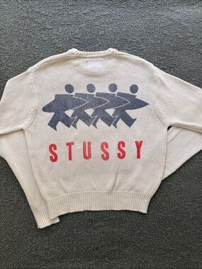 Stussy Cream Crewneck Sweater with Navy Graphic and Red Logo Size S